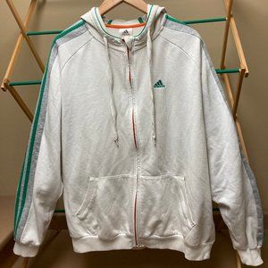 adidas White Zip Up Hoodie - Green Stripes (XL)